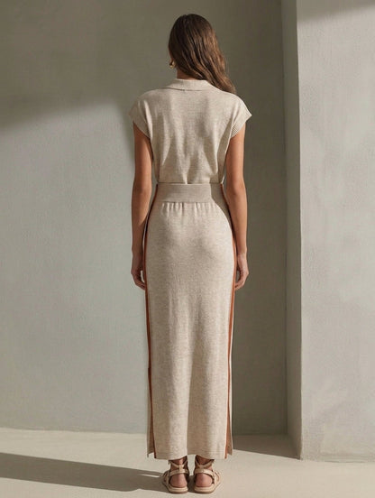 Women's Casual Beige Stretch-knit Short-sleeve Maxi Dress