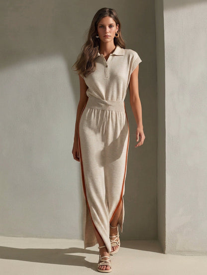 Women's Casual Beige Stretch-knit Short-sleeve Maxi Dress