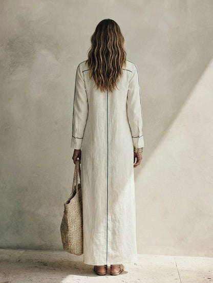 Women's Casual White Long-sleeved Woven Maxi Dress