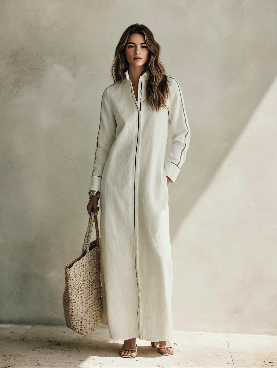 Women's Casual White Long-sleeved Woven Maxi Dress