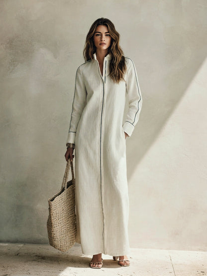 Women's Casual White Long-sleeved Woven Maxi Dress