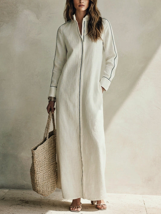 Women's Casual White Long-sleeved Woven Maxi Dress