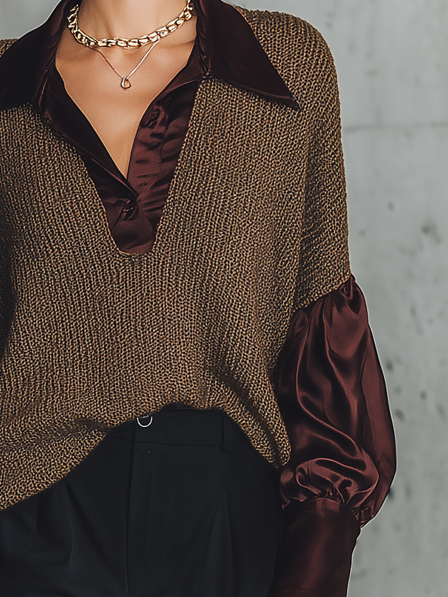 Women's Polo Collar Satin Sleeve Knit Brown Sweater
