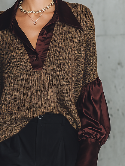 Women's Polo Collar Satin Sleeve Knit Brown Sweater