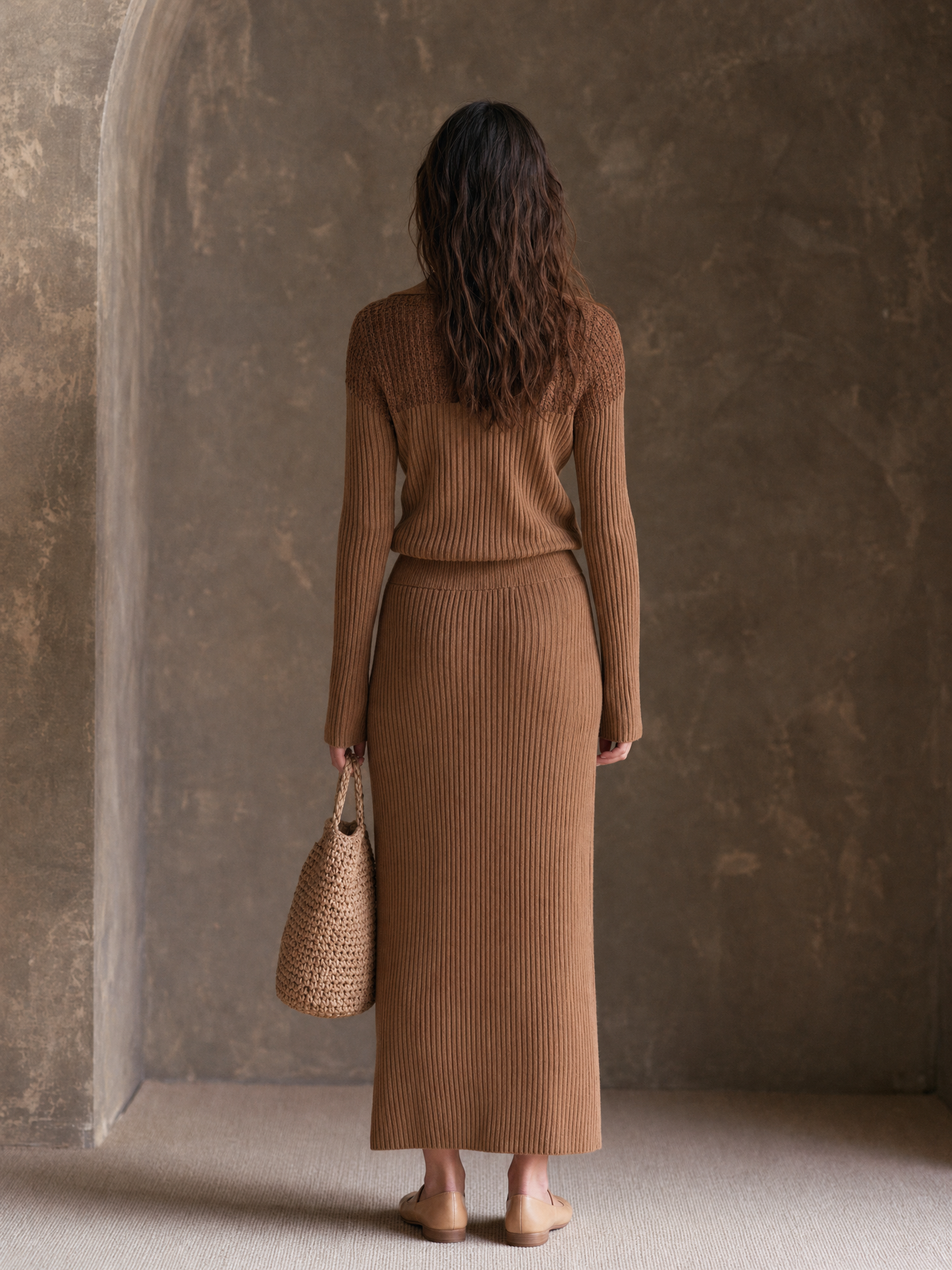 Women's Minimalist Paneled Knit Zip-Collar Top And Skirt Set