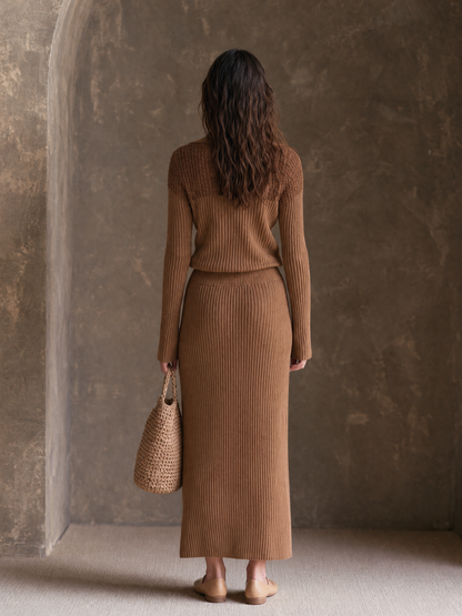 Women's Minimalist Paneled Knit Zip-Collar Top And Skirt Set