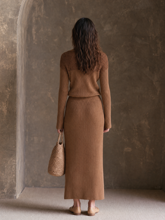 Women's Minimalist Paneled Knit Zip-Collar Top And Skirt Set