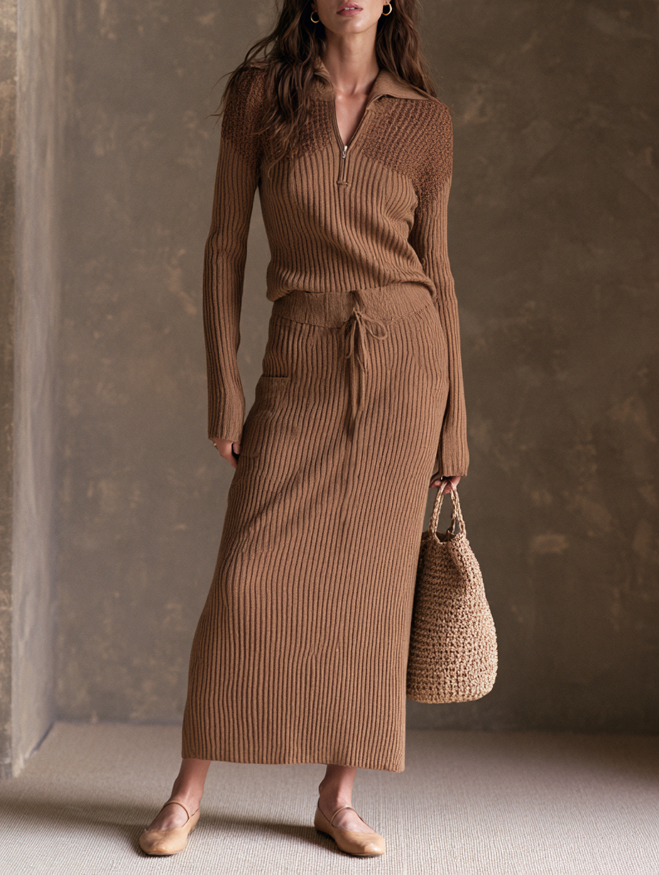 Women's Minimalist Paneled Knit Zip-Collar Top And Skirt Set