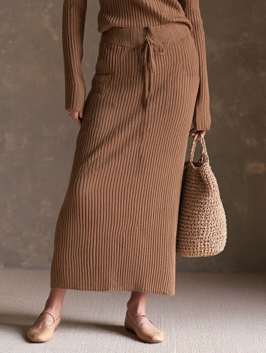 Women's Minimalist Paneled Knit Zip-Collar Top And Skirt Set