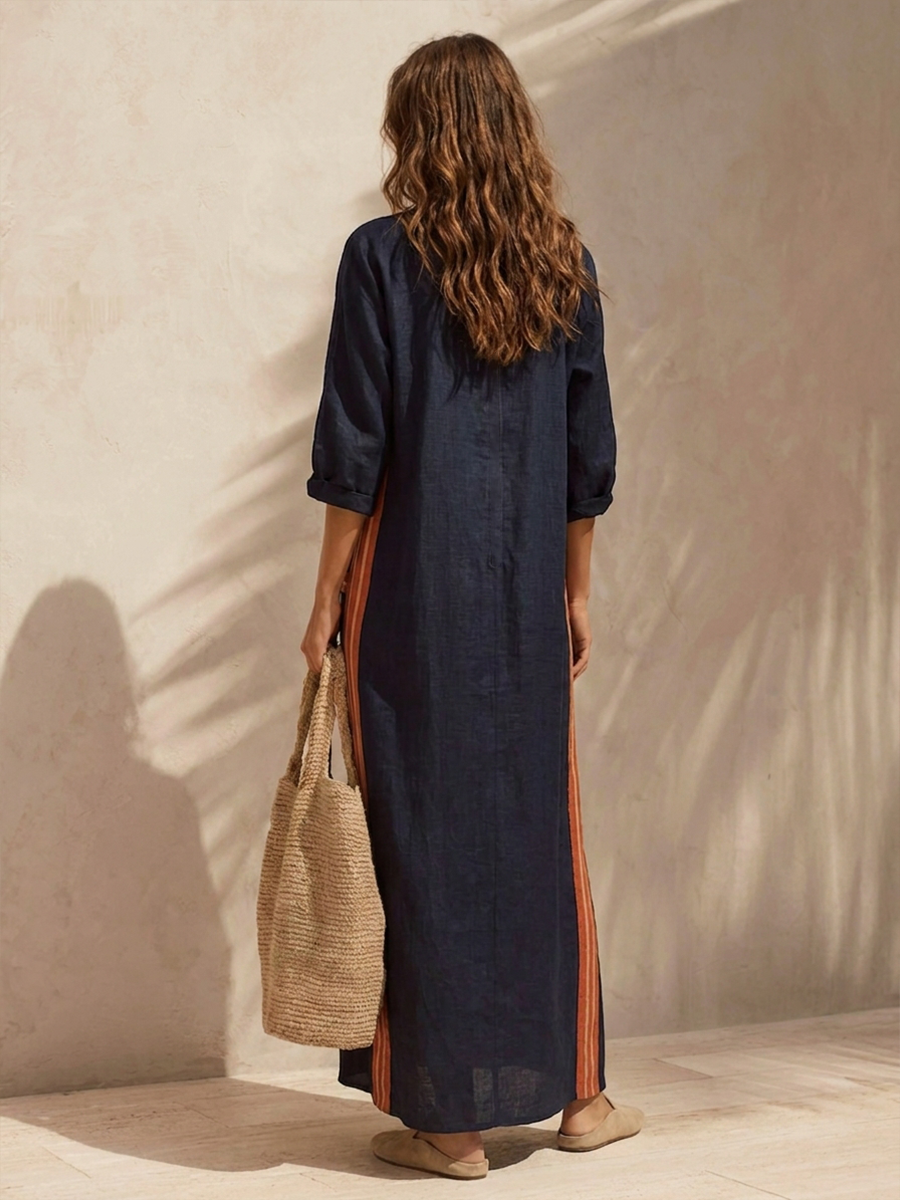 Women's Stand-Collar Half-Zip Cotton-Linen Maxi Dress With Contrast Stripes