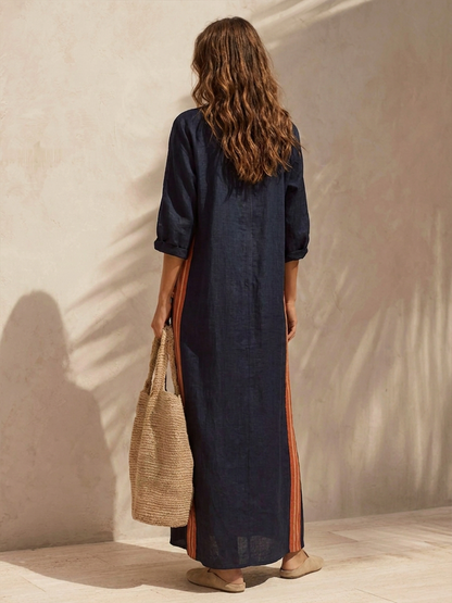 Women's Stand-Collar Half-Zip Cotton-Linen Maxi Dress With Contrast Stripes