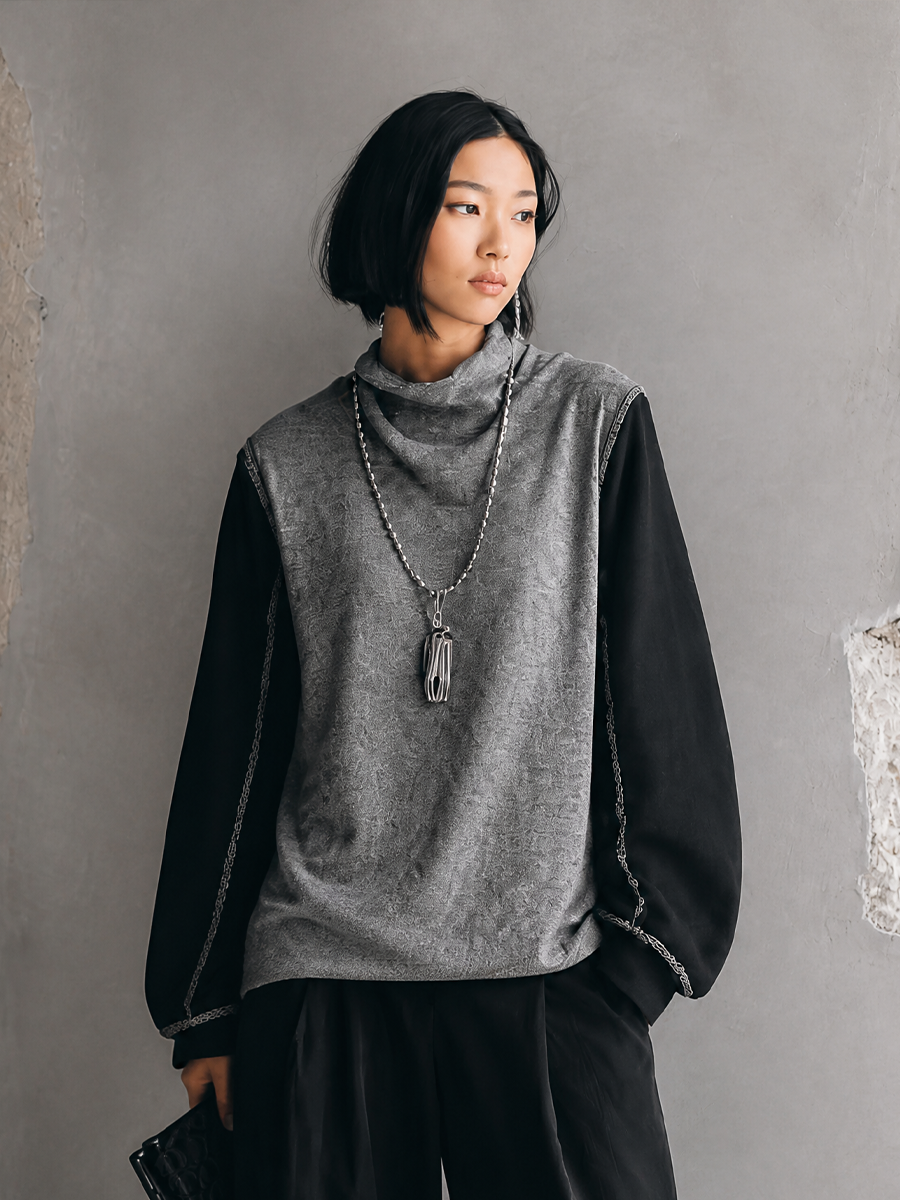 Women's Casual Knit-Panelled Funnel-Neck Top