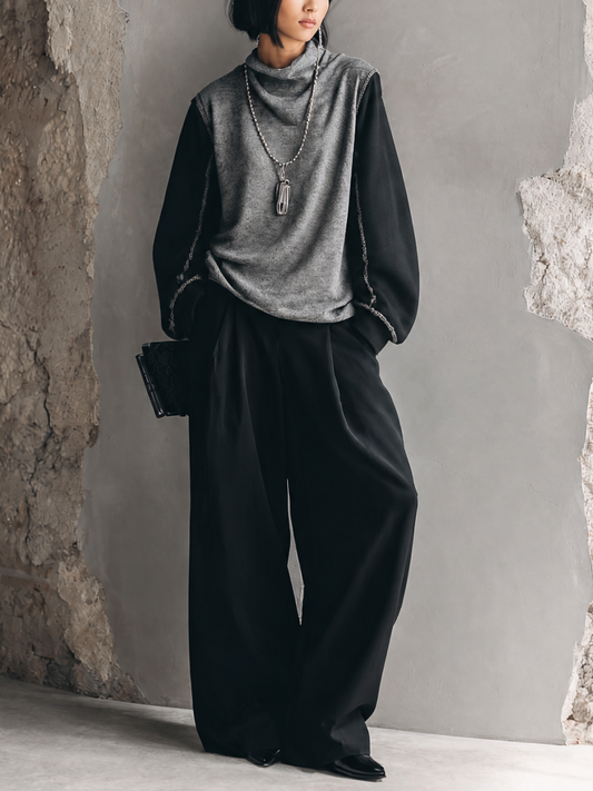 Women's Knitted Patchwork Top And Wide-leg Pants Casual Set