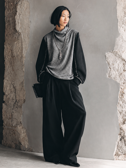 Women's Knitted Patchwork Top And Wide-leg Pants Casual Set