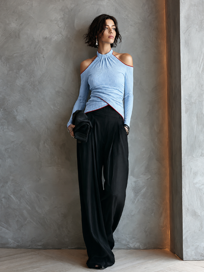 Women's Pleated Casual Halter Wide-Leg Pants Set