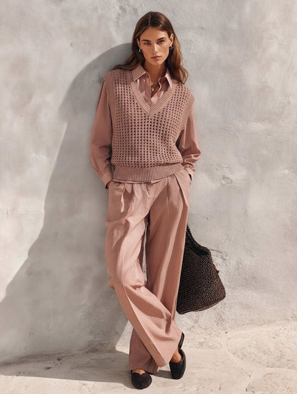 Women's Casual Dusty Pink Open-Knit Vest