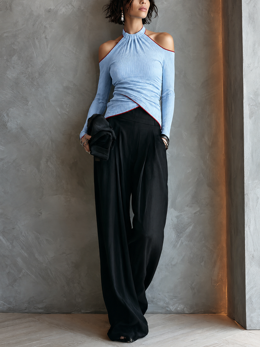 Women's Pleated Casual Halter Wide-Leg Pants Set