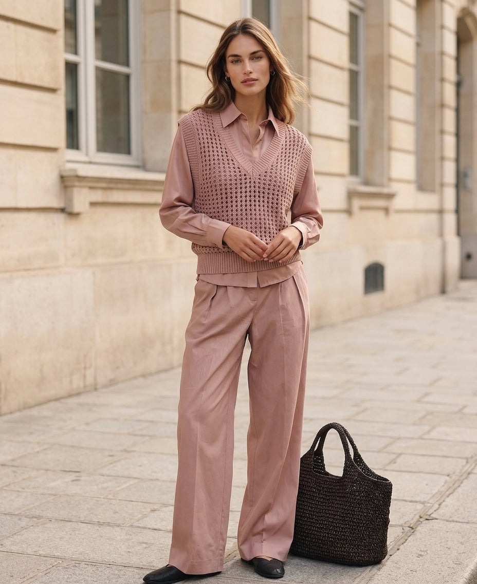 Women's 3-piece Set Featuring A Casual Dusty-pink Woven Shirt With Trousers And A Knitted Openwork Vest