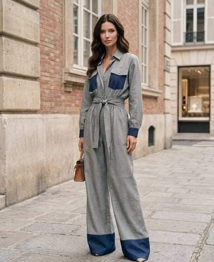 Women's Casual Grey Cotton-linen Long-sleeve Jumpsuit