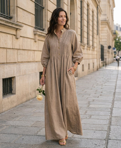 Women's Casual Long-sleeved Maxi Dress In Khaki Cotton-linen Blend