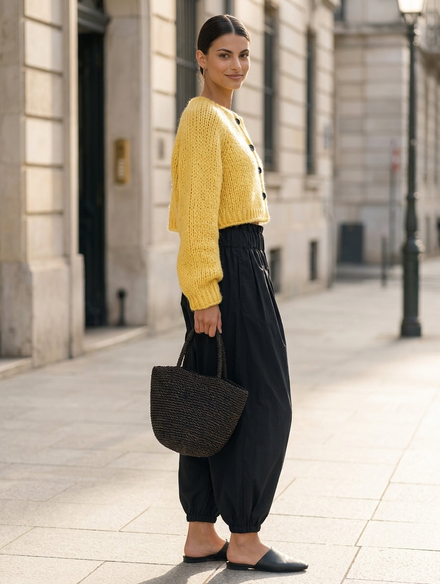 Women's Casual 2-Piece Set Yellow Long-sleeved Knit Cardigan And Black Woven Trousers