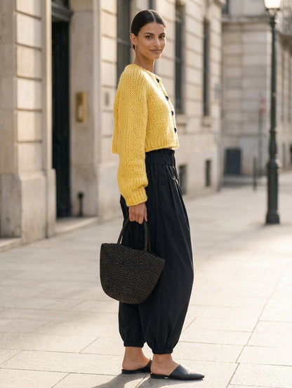 Women's Casual 2-Piece Set Yellow Long-sleeved Knit Cardigan And Black Woven Trousers