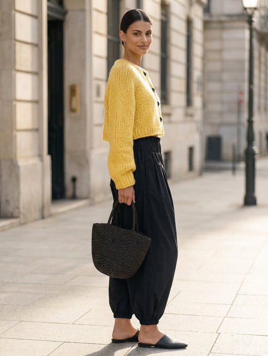Women's Casual 2-Piece Set Yellow Long-sleeved Knit Cardigan And Black Woven Trousers