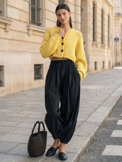 Women's Casual 2-Piece Set Yellow Long-sleeved Knit Cardigan And Black Woven Trousers