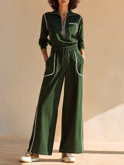 Women's Sporty Contrast-Piping Collared Half-Zip Dropped-Shoulder Long-Sleeve Top & Drawstring Wide-Leg Trouser Set