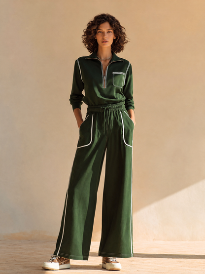 Women's Sporty Contrast-Piping Collared Half-Zip Dropped-Shoulder Long-Sleeve Top & Drawstring Wide-Leg Trouser Set