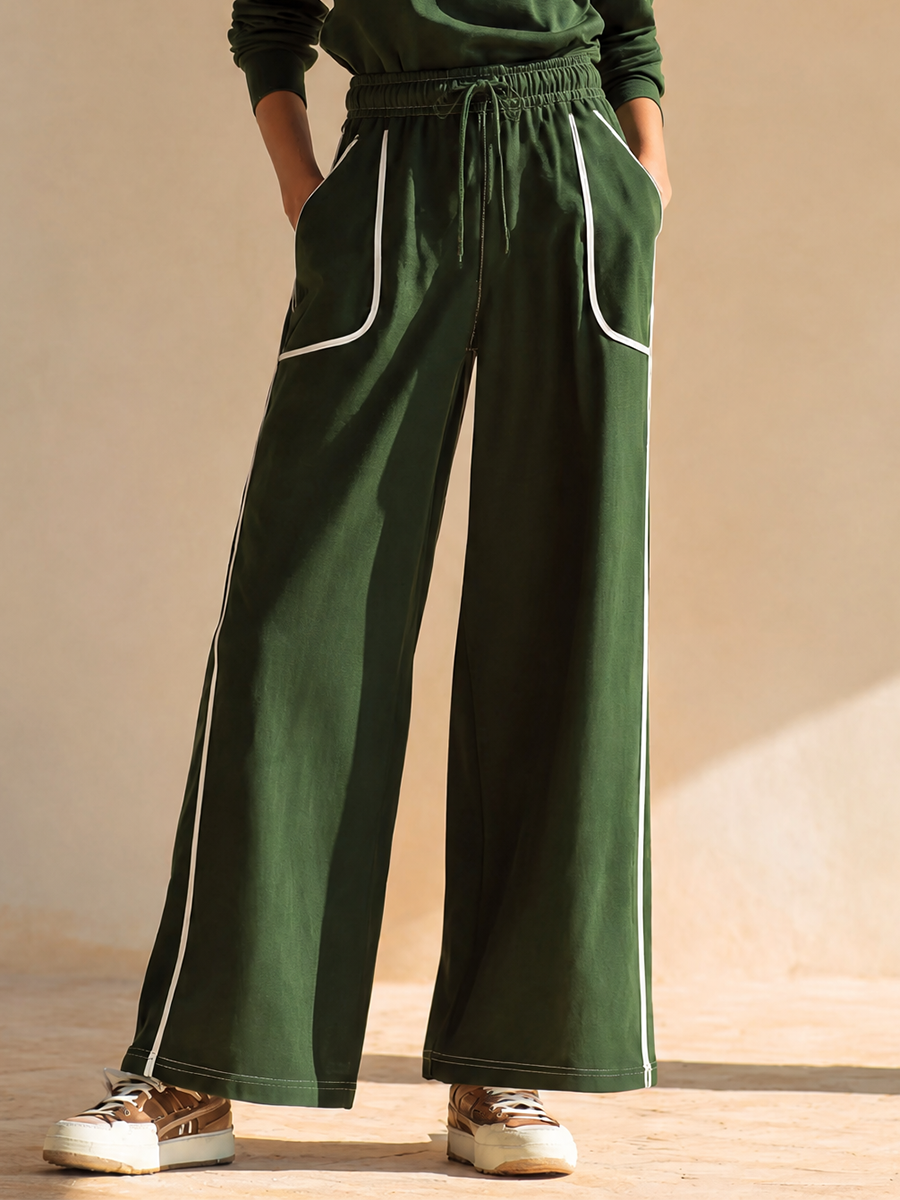 Women's Sporty Contrast-Piping Collared Half-Zip Dropped-Shoulder Long-Sleeve Top & Drawstring Wide-Leg Trouser Set