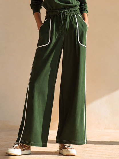 Women's Sporty Contrast-Piping Collared Half-Zip Dropped-Shoulder Long-Sleeve Top & Drawstring Wide-Leg Trouser Set