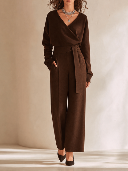 Women's Elegant V-Neck Dropped-Shoulder Long-Sleeve Belted Top & High-Waisted Wide-Leg Trouser Set
