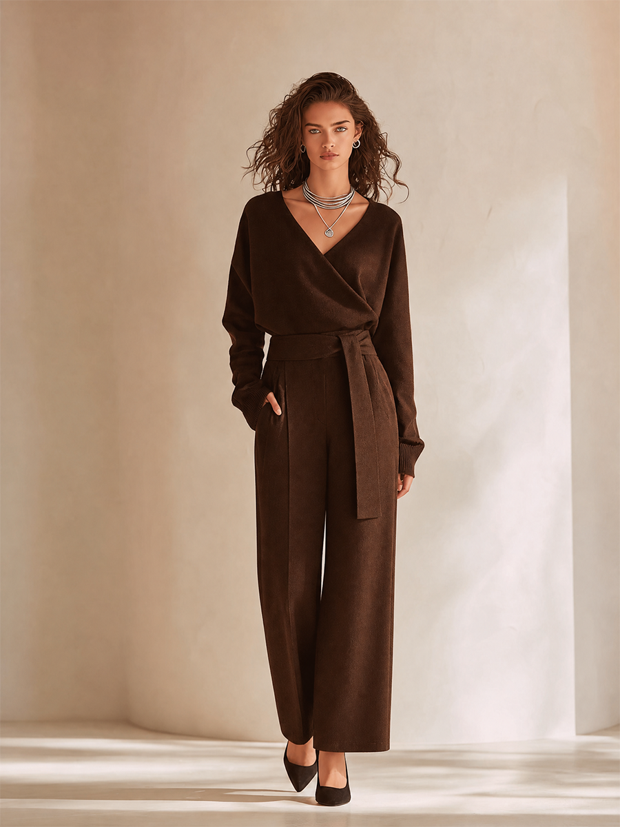 Women's Elegant V-Neck Dropped-Shoulder Long-Sleeve Belted Top & High-Waisted Wide-Leg Trouser Set