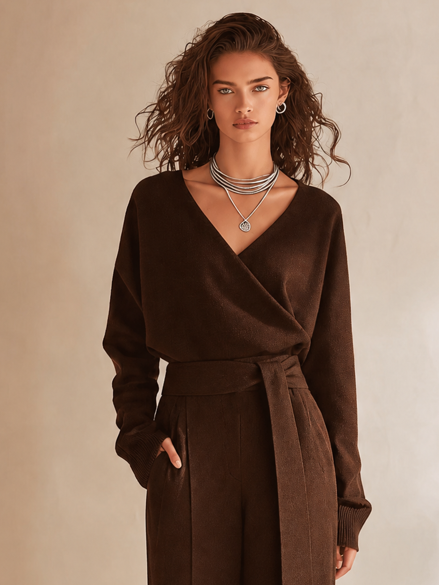 Women's Elegant V-Neck Dropped-Shoulder Long-Sleeve Belted Top & High-Waisted Wide-Leg Trouser Set