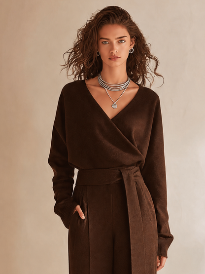 Women's Elegant V-Neck Dropped-Shoulder Long-Sleeve Belted Top & High-Waisted Wide-Leg Trouser Set