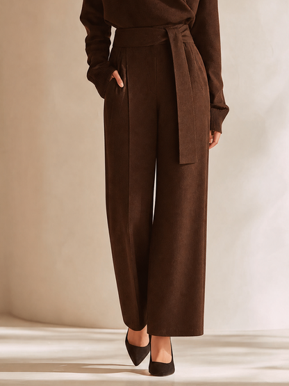 Women's Elegant V-Neck Dropped-Shoulder Long-Sleeve Belted Top & High-Waisted Wide-Leg Trouser Set