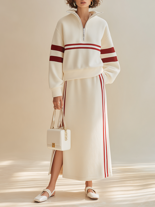 Women's Sporty Contrast-Stripe Half-Zip Collared Dropped-Shoulder Long-Sleeve Sweatshirt & High-Waisted Slit Skirt Set