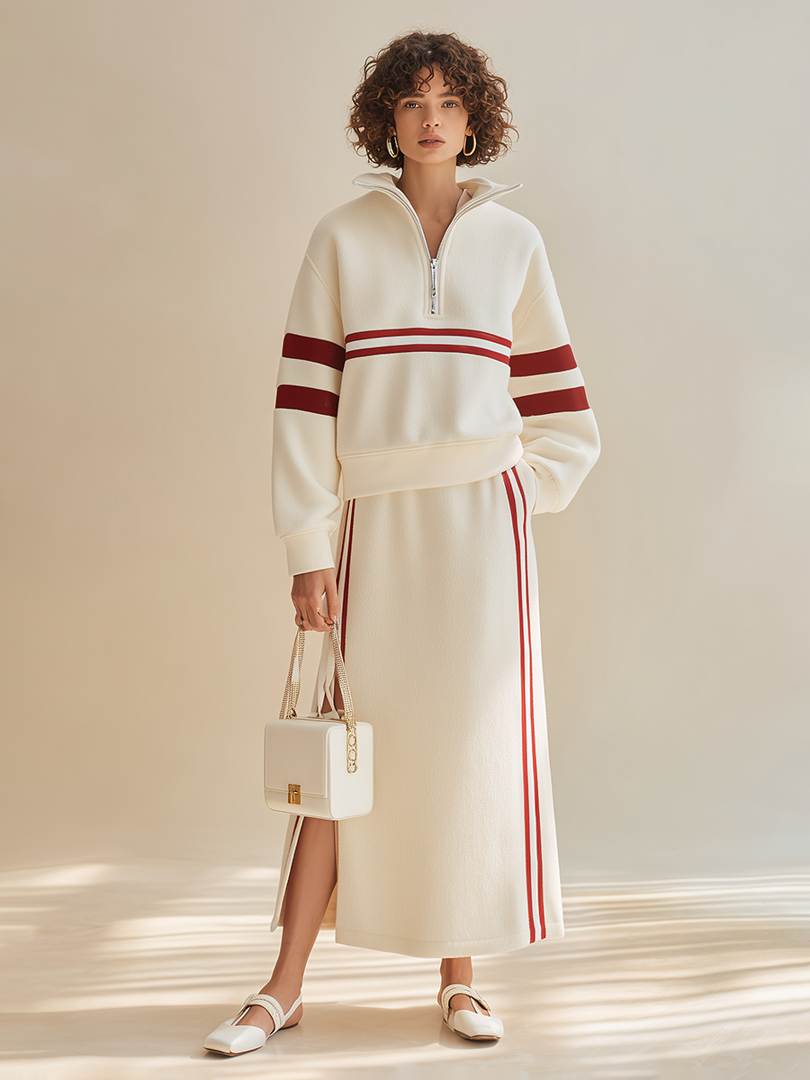 Women's Sporty Contrast-Stripe Half-Zip Collared Dropped-Shoulder Long-Sleeve Sweatshirt & High-Waisted Slit Skirt Set