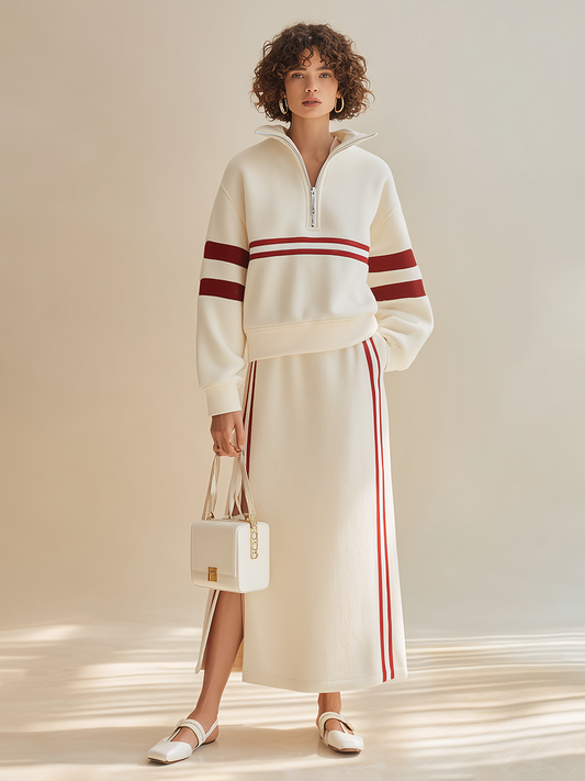 Women's Sporty Contrast-Stripe Half-Zip Collared Dropped-Shoulder Long-Sleeve Sweatshirt & High-Waisted Slit Skirt Set