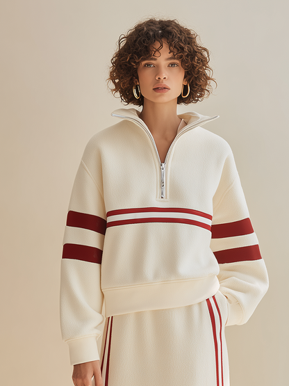 Women's Sporty Contrast-Stripe Half-Zip Collared Dropped-Shoulder Long-Sleeve Sweatshirt & High-Waisted Slit Skirt Set