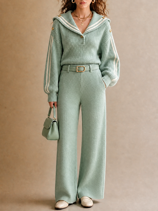 Women's Vintage Elegant Wool-Knit Sailor-Collar Contrast-Stripe Long-Sleeve Sweater & Belted High-Waisted Wide-Leg Trouser Set