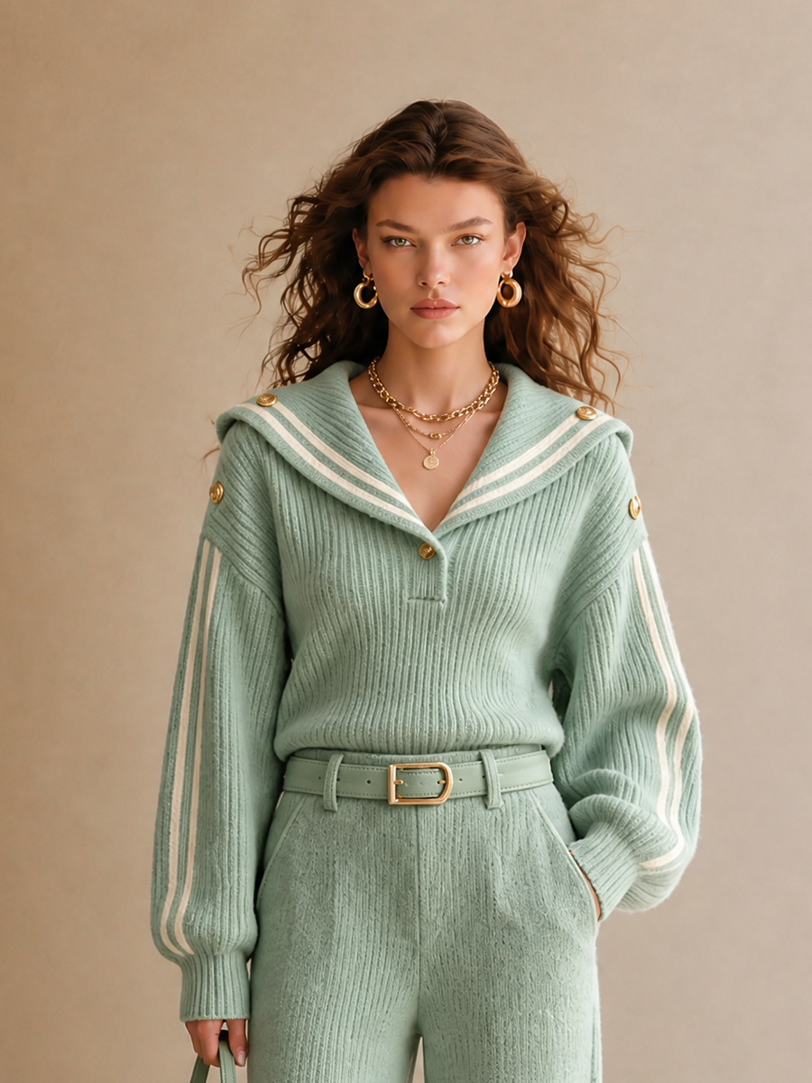 Women's Vintage Elegant Wool-Knit Sailor-Collar Contrast-Stripe Long-Sleeve Sweater & Belted High-Waisted Wide-Leg Trouser Set