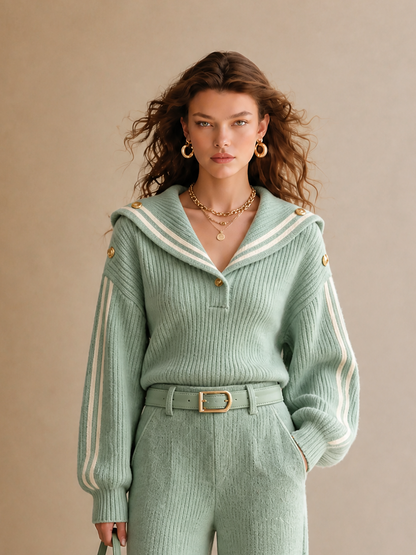 Women's Vintage Elegant Wool-Knit Sailor-Collar Contrast-Stripe Long-Sleeve Sweater & Belted High-Waisted Wide-Leg Trouser Set