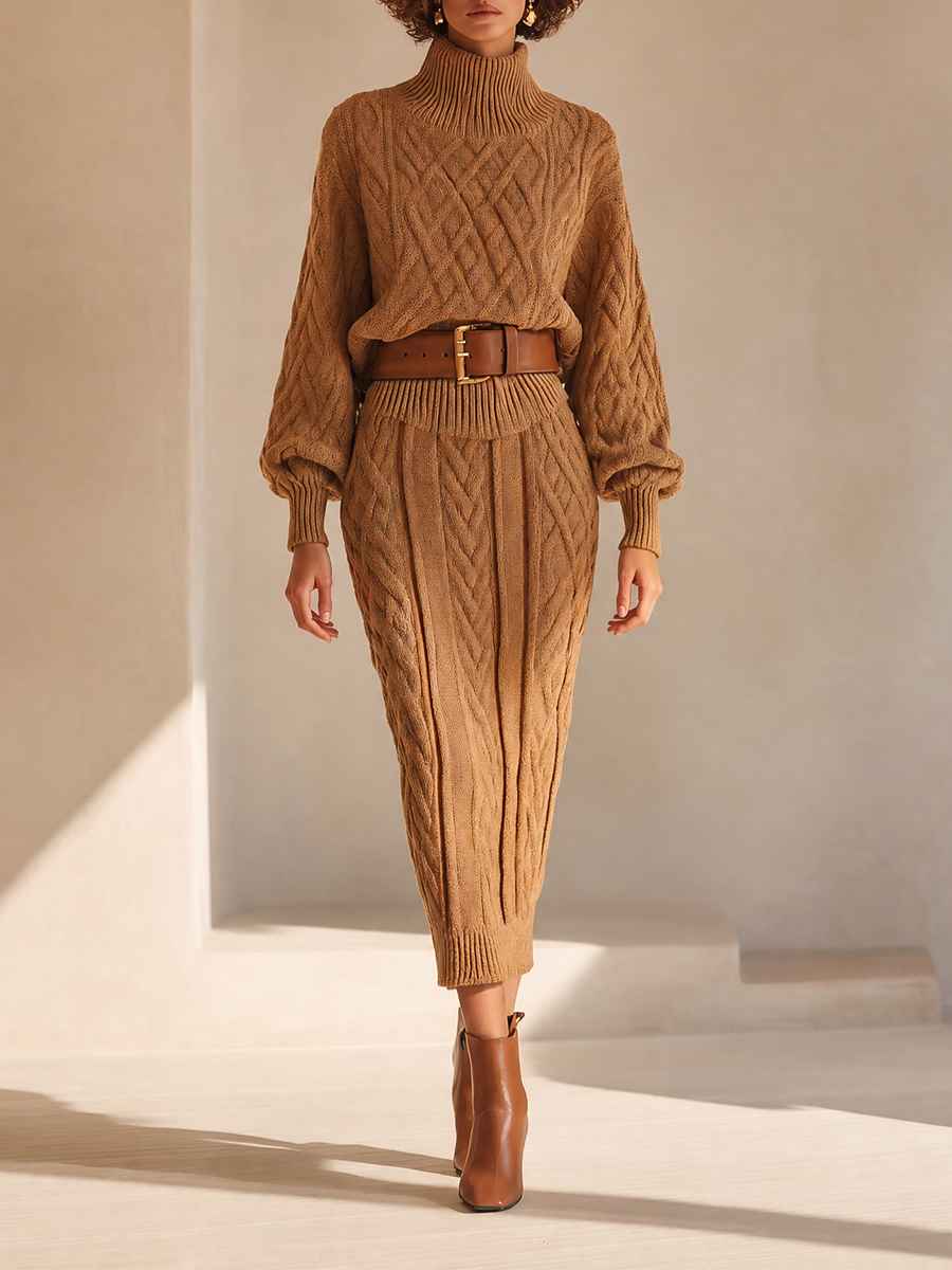 Women's Elegant Cable-Knit Turtleneck Blouson-Sleeve Sweater & High-Waisted Bodycon Midi Skirt Set