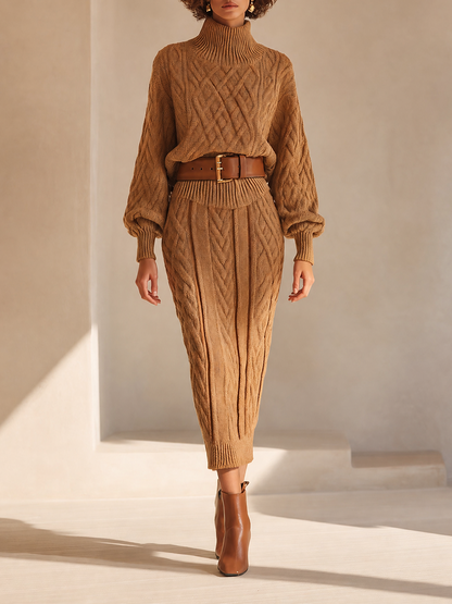 Women's Elegant Cable-Knit Turtleneck Blouson-Sleeve Sweater & High-Waisted Bodycon Midi Skirt Set