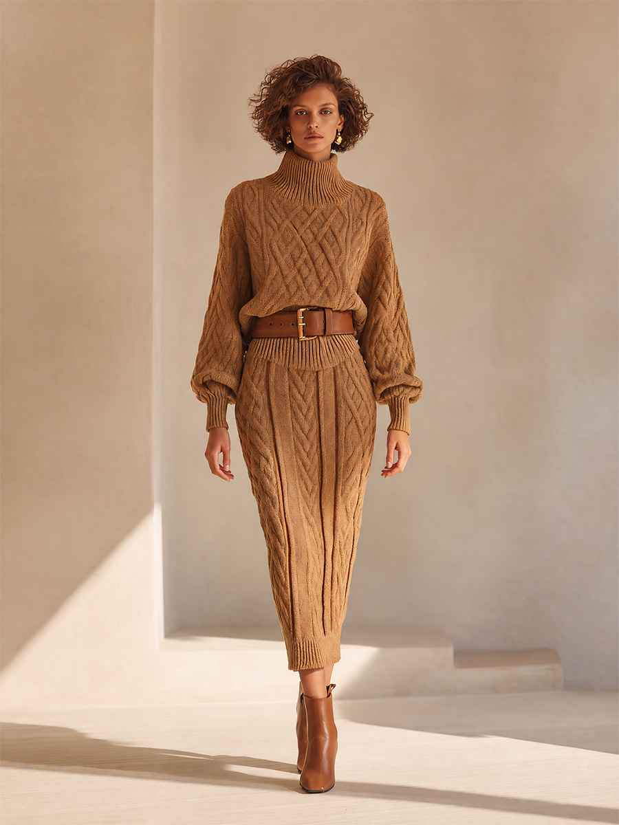 Women's Elegant Cable-Knit Turtleneck Blouson-Sleeve Sweater & High-Waisted Bodycon Midi Skirt Set