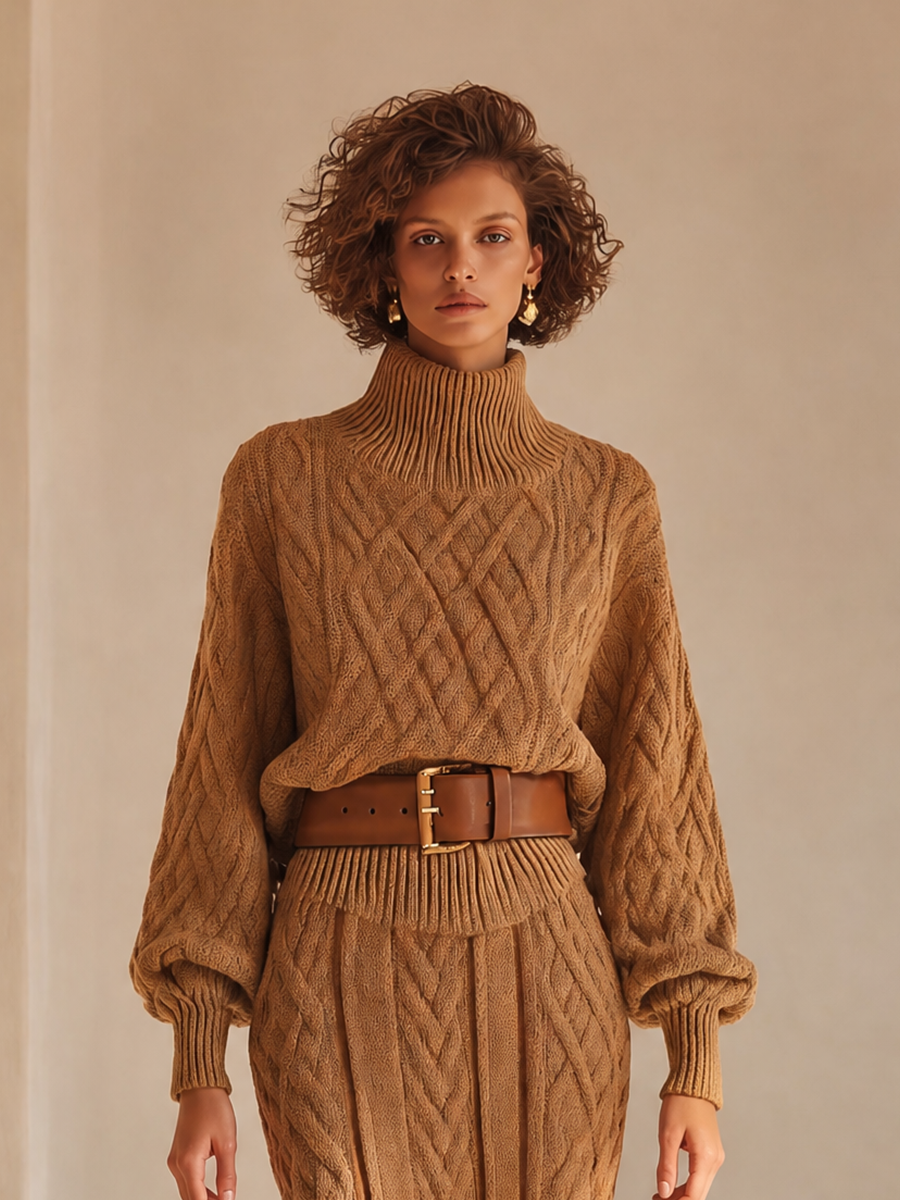 Women's Elegant Cable-Knit Turtleneck Blouson-Sleeve Sweater & High-Waisted Bodycon Midi Skirt Set