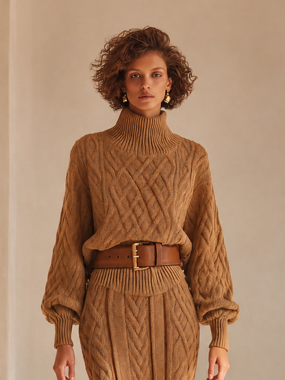 Women's Elegant Cable-Knit Turtleneck Blouson-Sleeve Sweater & High-Waisted Bodycon Midi Skirt Set