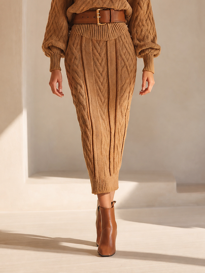 Women's Elegant Cable-Knit Turtleneck Blouson-Sleeve Sweater & High-Waisted Bodycon Midi Skirt Set